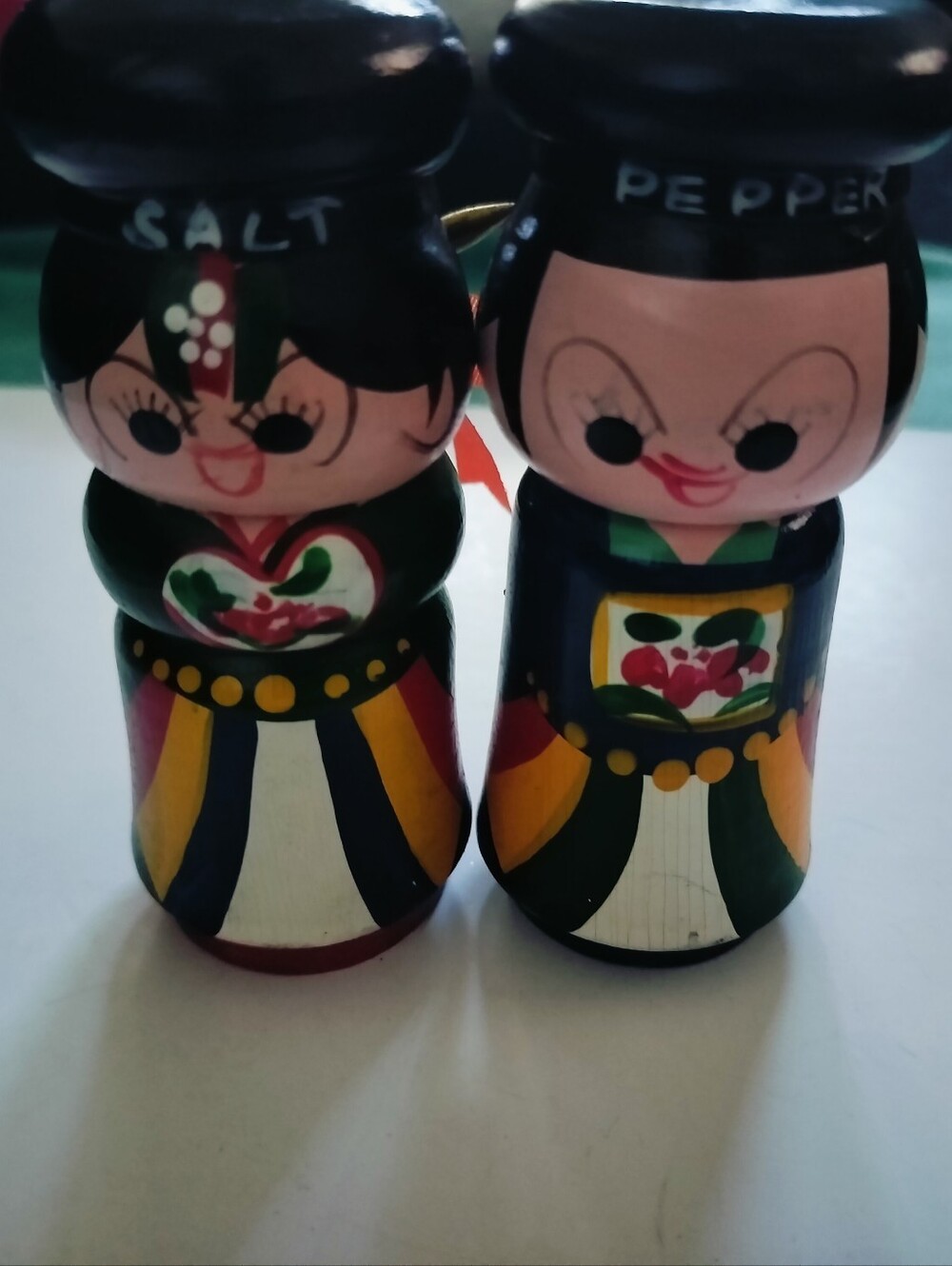Vintage Korean Doll Mid Century Wooden Salt And Pepper Shaker Hand Painted Set